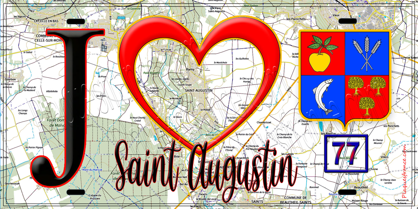 Plaque métal décorative J' ❤️Saint-Augustin, Seine et Marne (77) fond carte