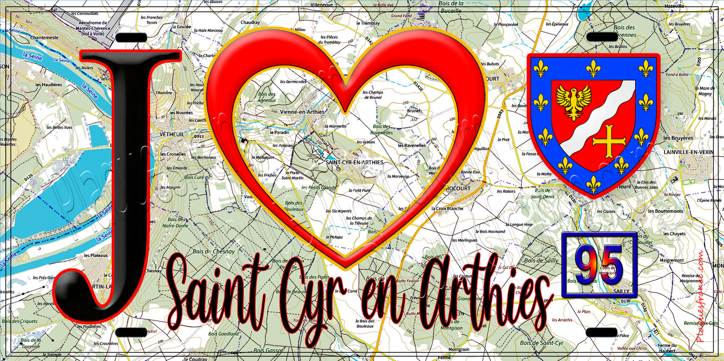 Plaque métal décorative J' ❤️Saint-Cyr-en-Arthies, Val d'Oise (95) fond carte