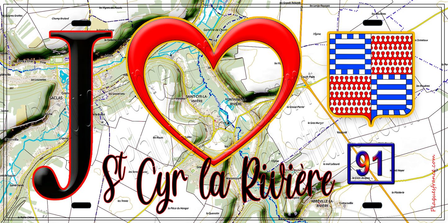 Plaque métal décorative J' ❤️Saint-Cyr-la-Rivière, Essonne (91) fond carte