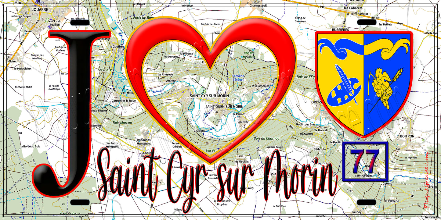 Plaque métal décorative J' ❤️Saint-Cyr-sur-Morin, Seine et Marne (77) fond carte