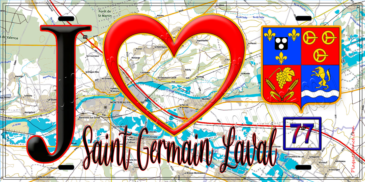 Plaque métal décorative J' ❤️Saint-Germain-Laval, Seine et Marne (77) fond carte