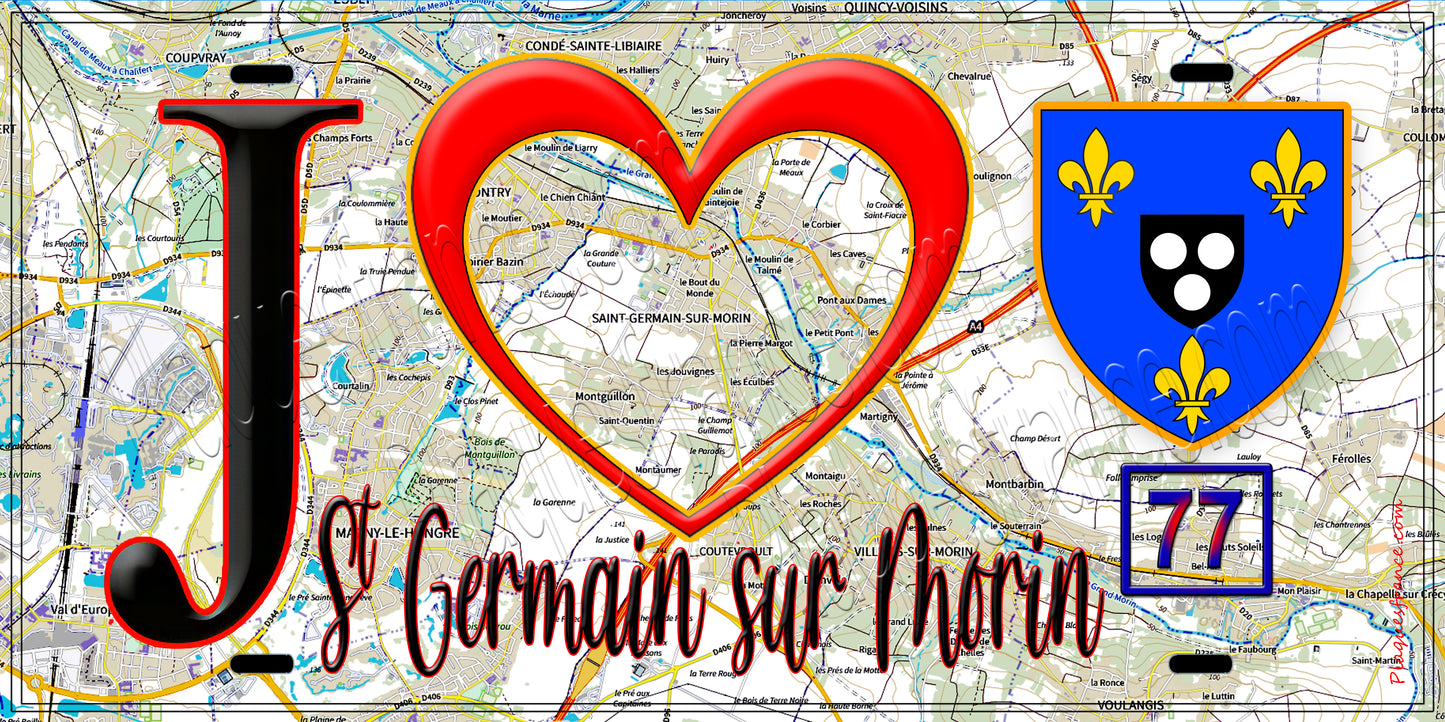 Plaque métal décorative J' ❤️Saint-Germain-sur-Morin, Seine et Marne (77) fond carte