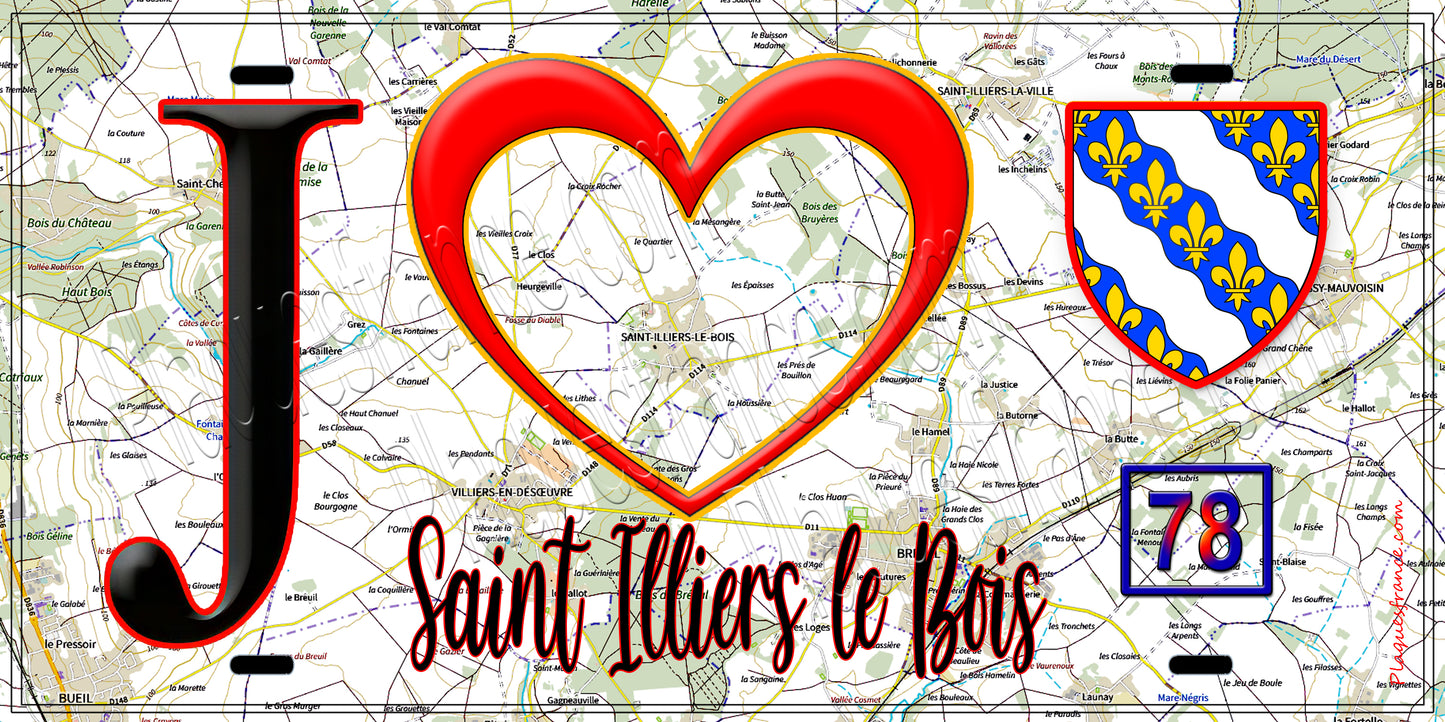 Plaque métal décorative J' ❤️ Saint-Illiers-le-Bois, Yvelines (78) fond carte
