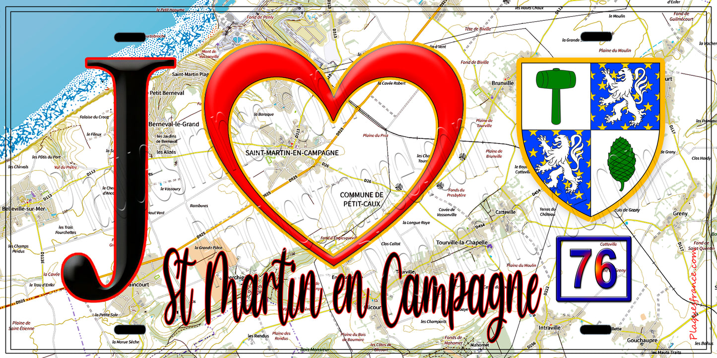Plaque métal décorative J' ❤️ Saint-Martin-en-Campagne, Seine Maritime (76) fond carte