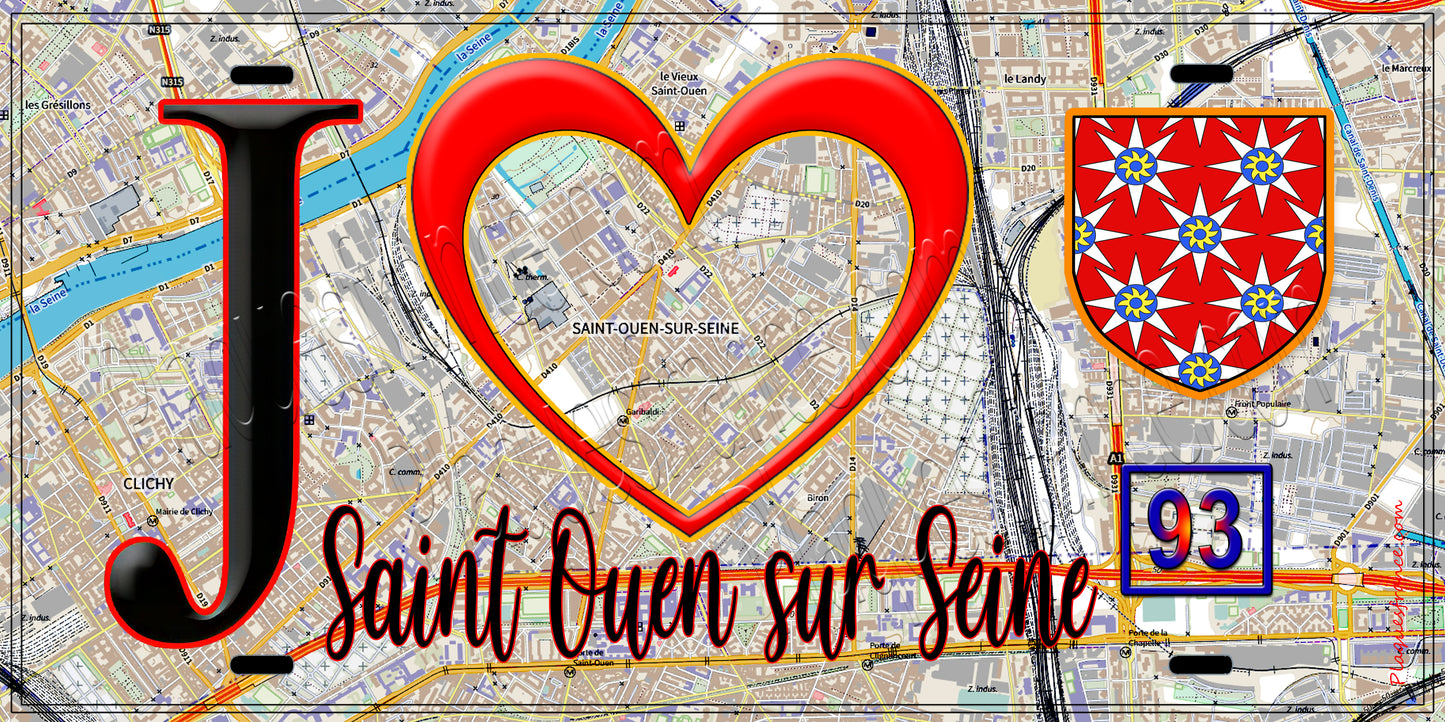Plaque métal décorative J' ❤️Saint-Ouen-sur-Seine, Seine Saint Denis (93) fond carte