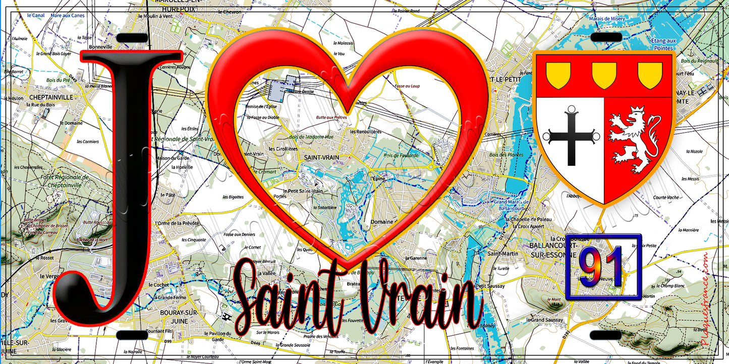 Plaque métal décorative J' ❤️Saint-Vrain, Essonne (91) fond carte