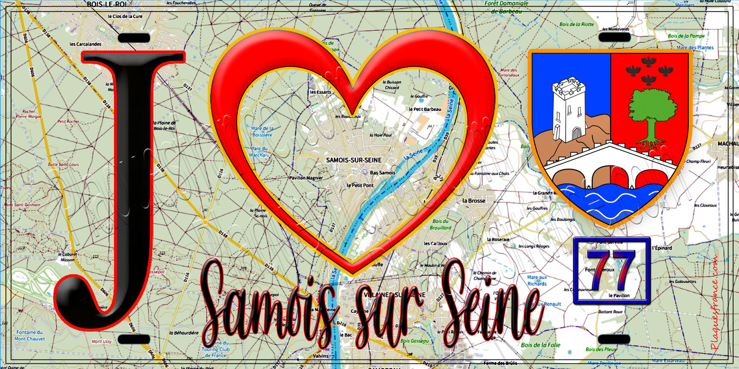 Plaque métal décorative J' ❤️Samois-sur-Seine, Seine et Marne (77) fond carte