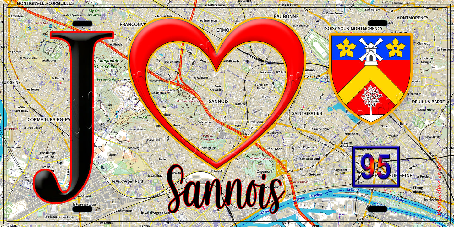 Plaque métal décorative J' ❤️Sannois, Val d'Oise (95) fond carte
