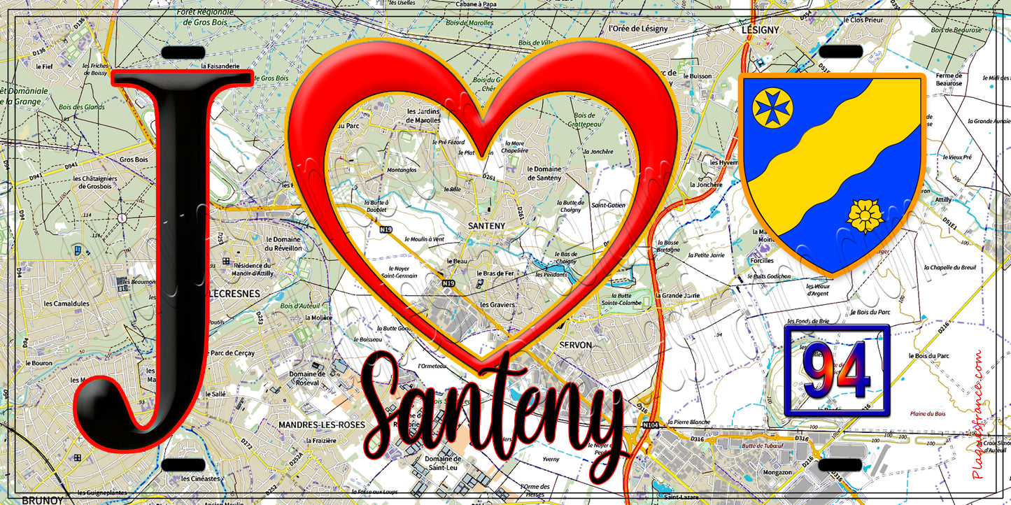 Plaque métal décorative J' ❤️Santeny, Val de Marne (94) fond carte