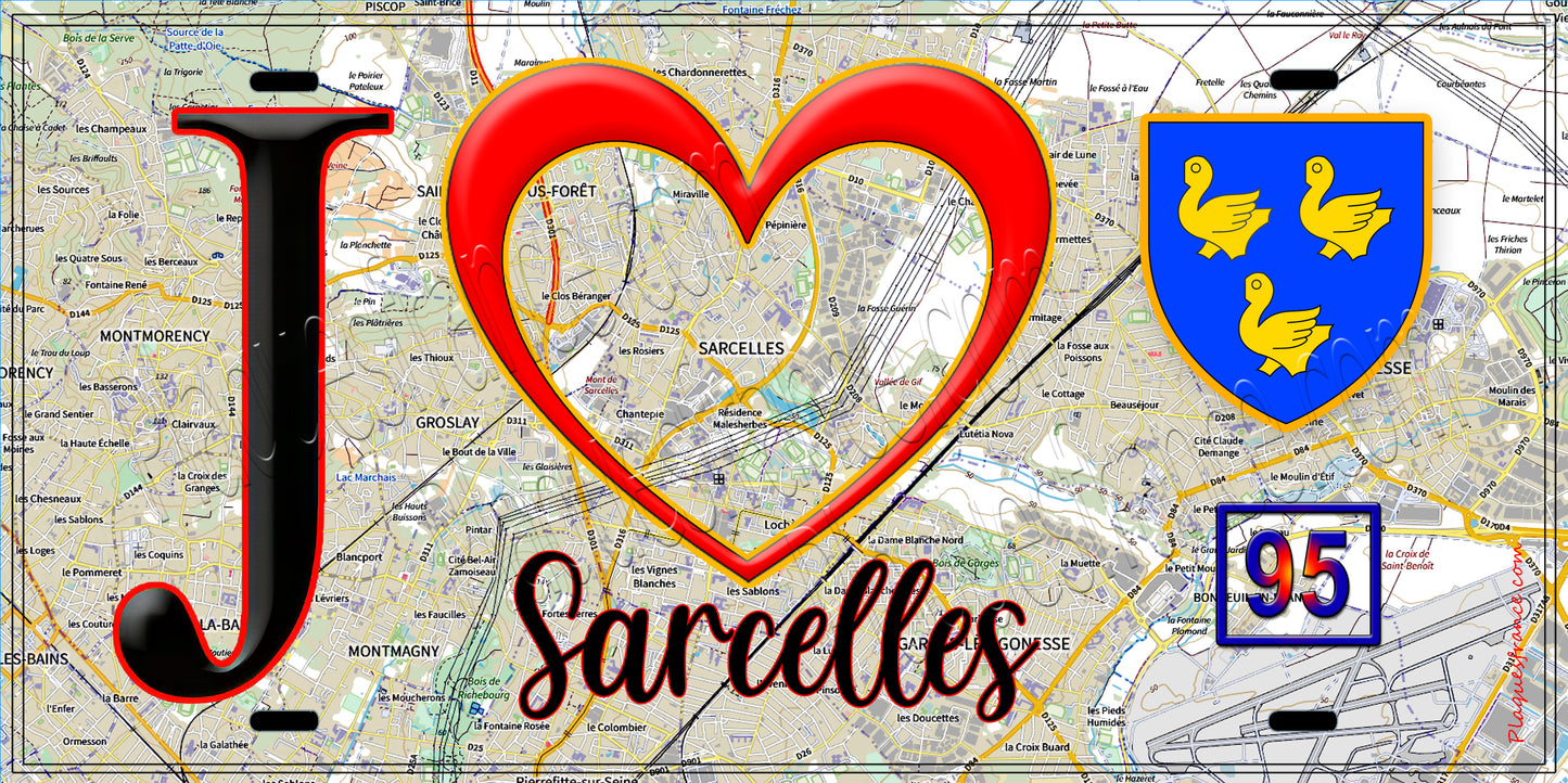 Plaque métal décorative J' ❤️Sarcelles, Val d'Oise (95) fond carte