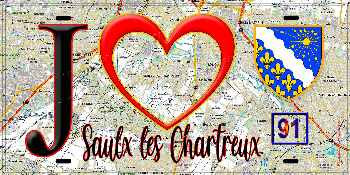 Plaque métal décorative J' ❤️Saulx-les-Chartreux, Essonne (91) fond carte