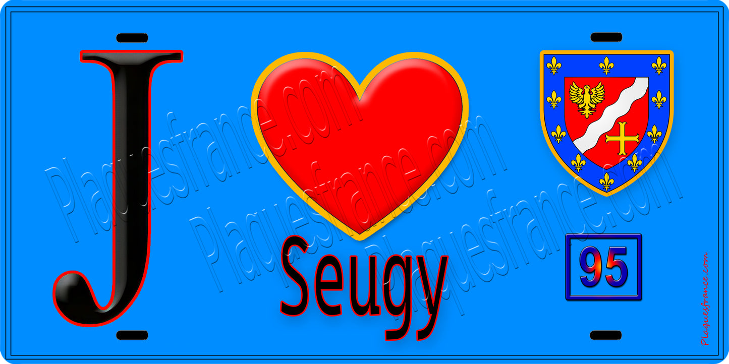 Plaque métal décorative J' ❤️Seugy, Val d'Oise (95) fond bleu