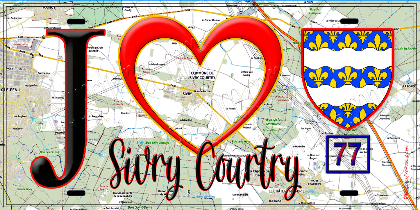 Plaque métal décorative J' ❤️Sivry-Courtry, Seine et Marne (77) fond carte