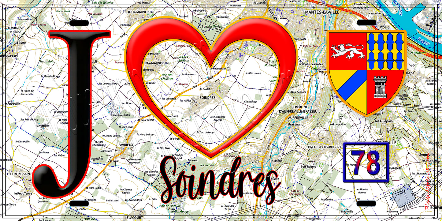 Plaque métal décorative J' ❤️ Soindres, Yvelines (78) fond carte