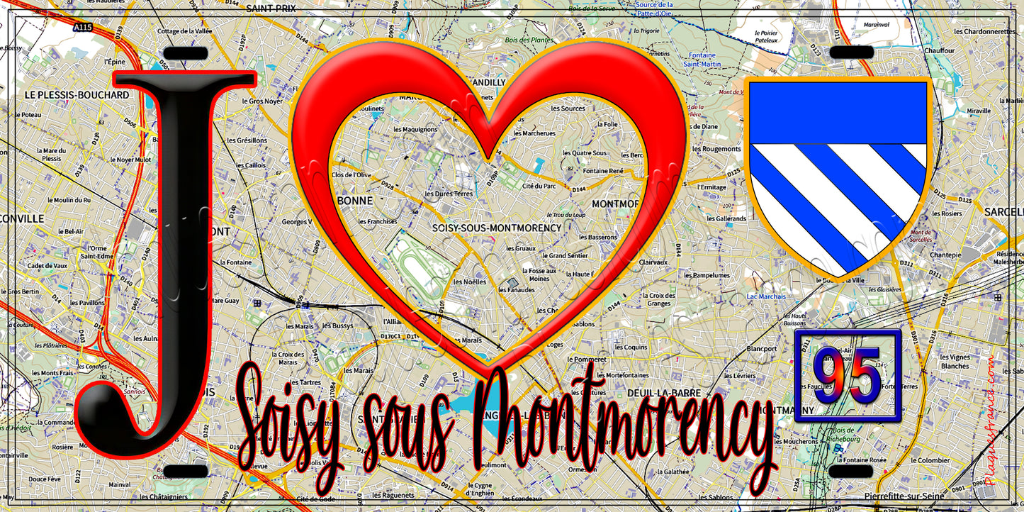 Plaque métal décorative J' ❤️Soisy-sous-Montmorency, Val d'Oise (95) fon carte