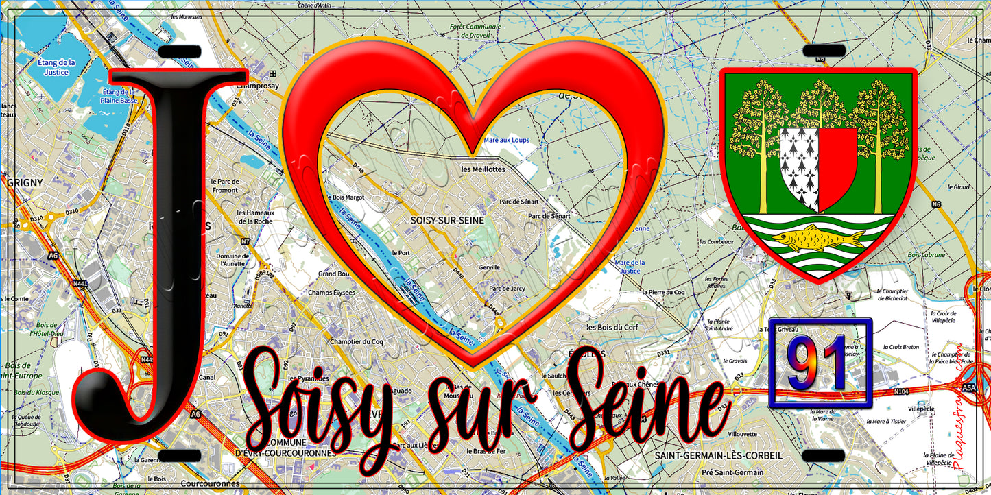 Plaque métal décorative J' ❤️Soisy-sur-Seine, Essonne (91) fond carte