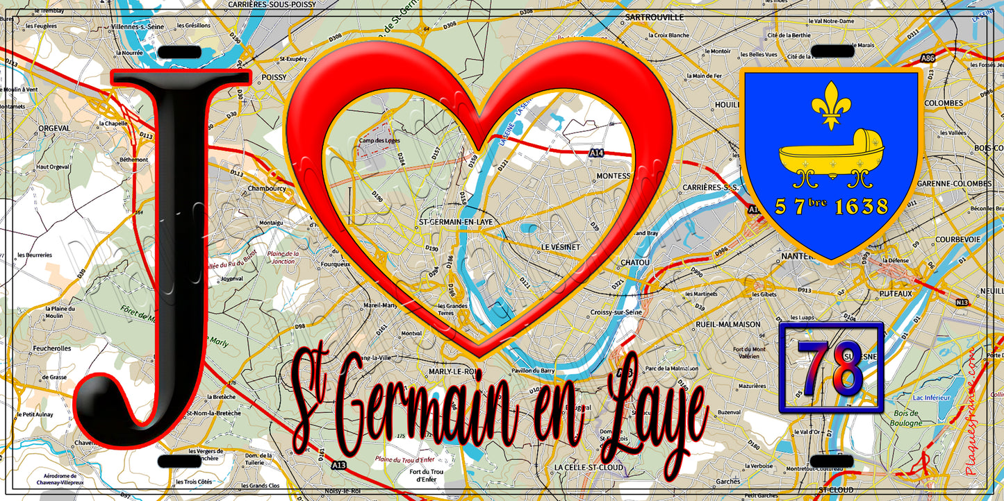 Plaque métal décorative J' ❤️ Saint-Germain-en-Laye, Yvelines (78) fond carte
