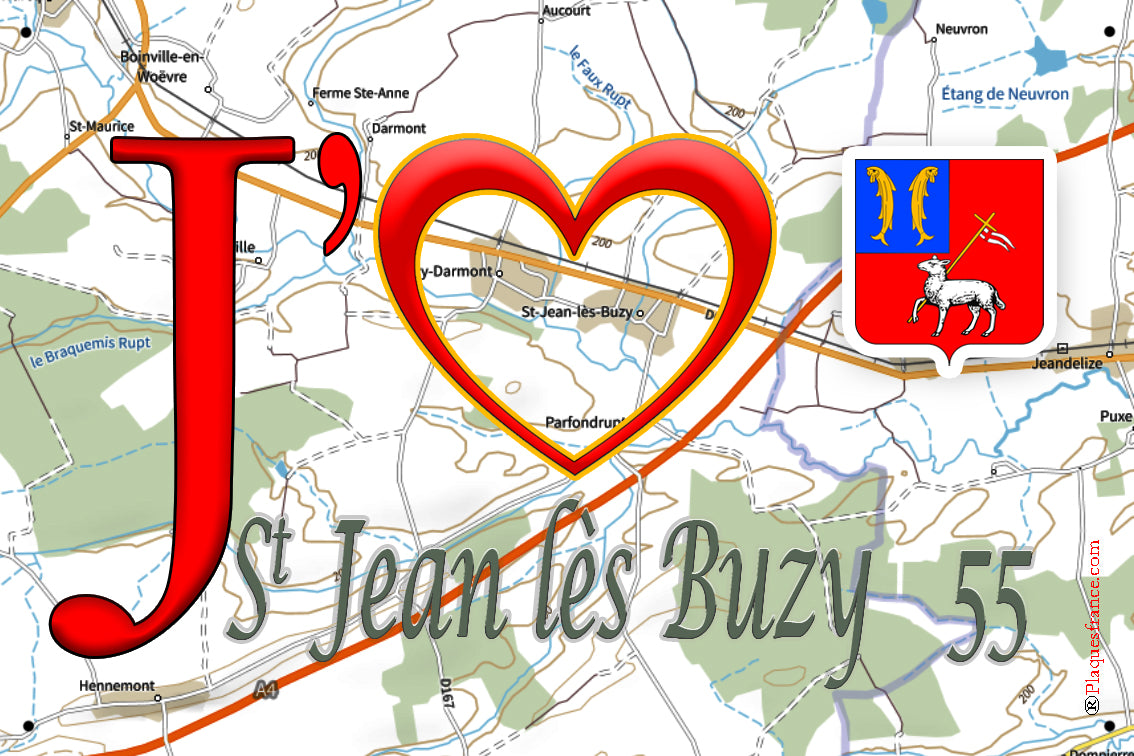 Plaque métal décorative, J' ❤️Saint Jean lès Buzy, Meuse (55)