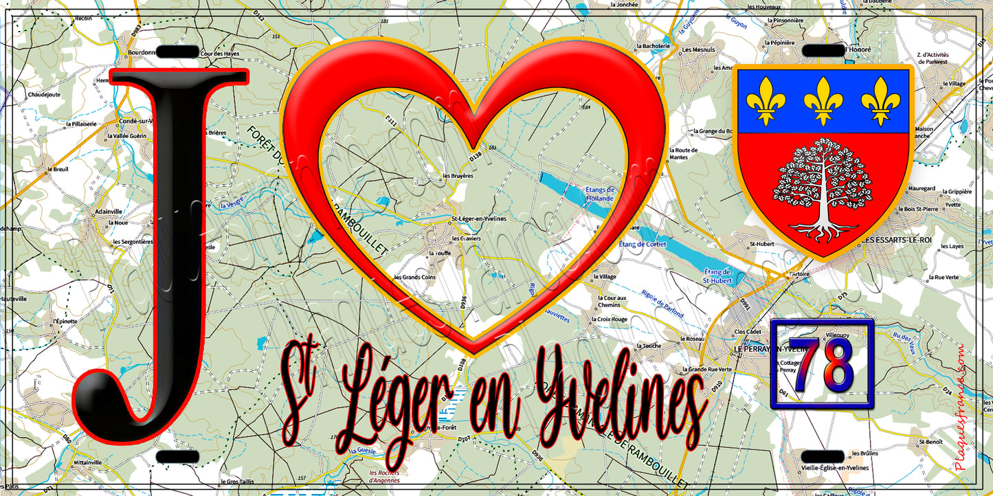Plaque métal décorative J' ❤️ Saint-Léger-en-Yvelines, Yvelines (78) fond carte