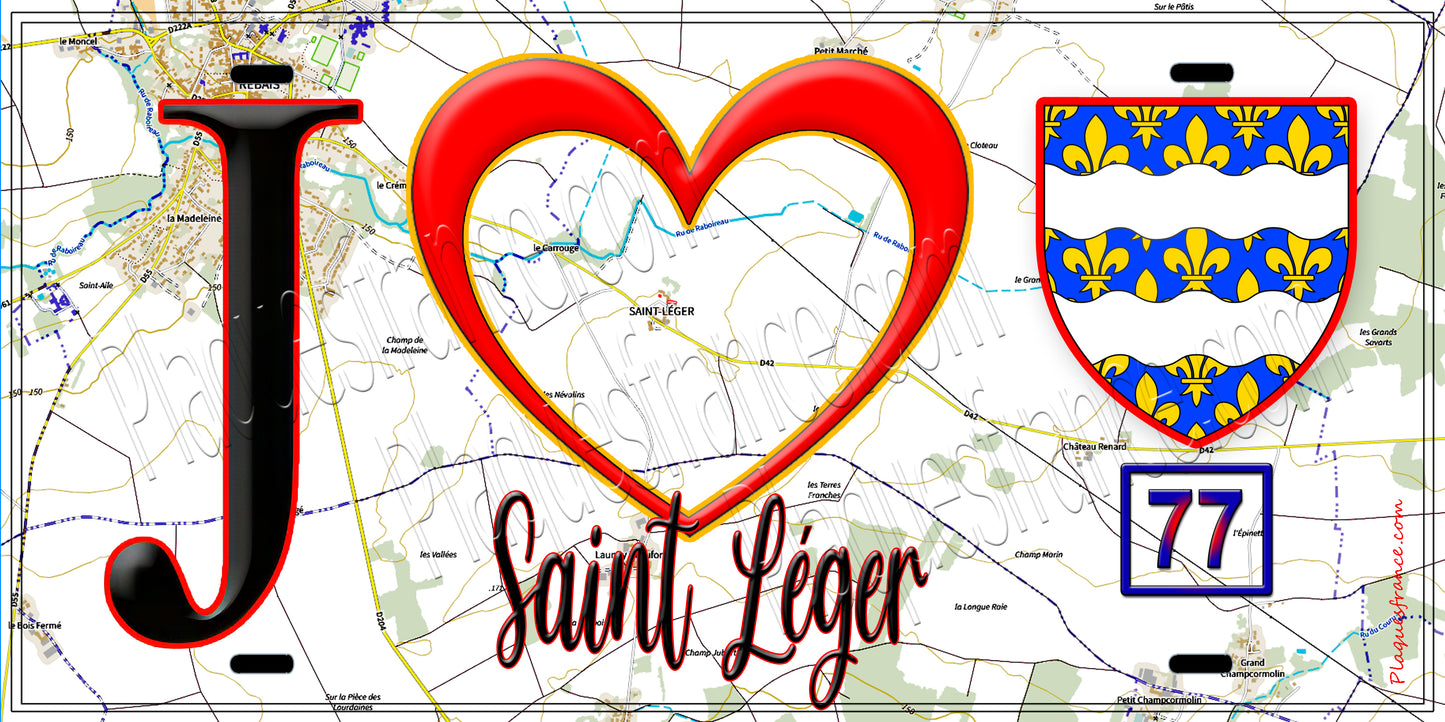 Plaque métal décorative J' ❤️Saint-Léger, Seine et Marne (77) fod carte