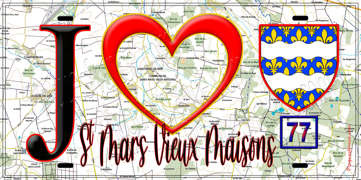 Plaque métal décorative J' ❤️Saint-Mars-Vieux-Maisons, Seine et Marne (77) fond carte