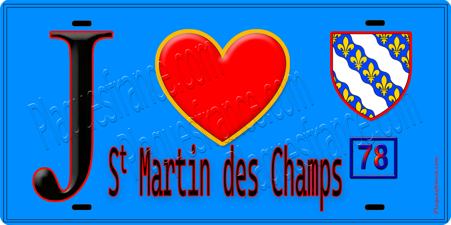 Plaque métal décorative J' ❤️ Saint-Martin-des-Champs, Yvelines (78) fond bleu