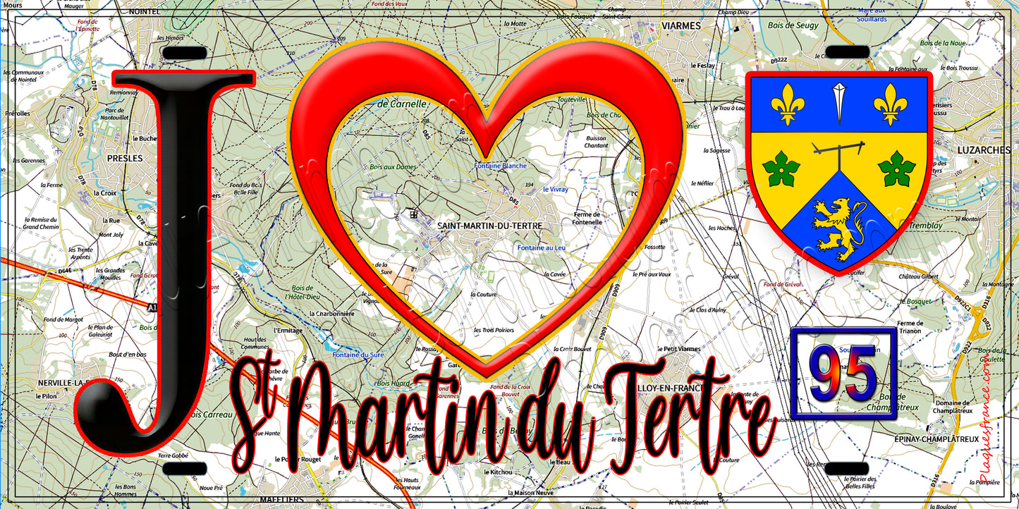 Plaque métal décorative J' ❤️Saint-Martin-du-Tertre, Val d'Oise (95) fond carte