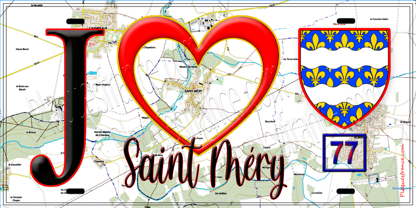 Plaque métal décorative J' ❤️Saint-Méry, Seine et Marne (77) fond carte