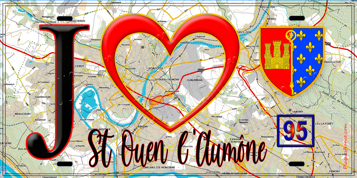 Plaque métal décorative J' ❤️Saint-Ouen-l'Aumône, Val d'Oise (95) fond carte