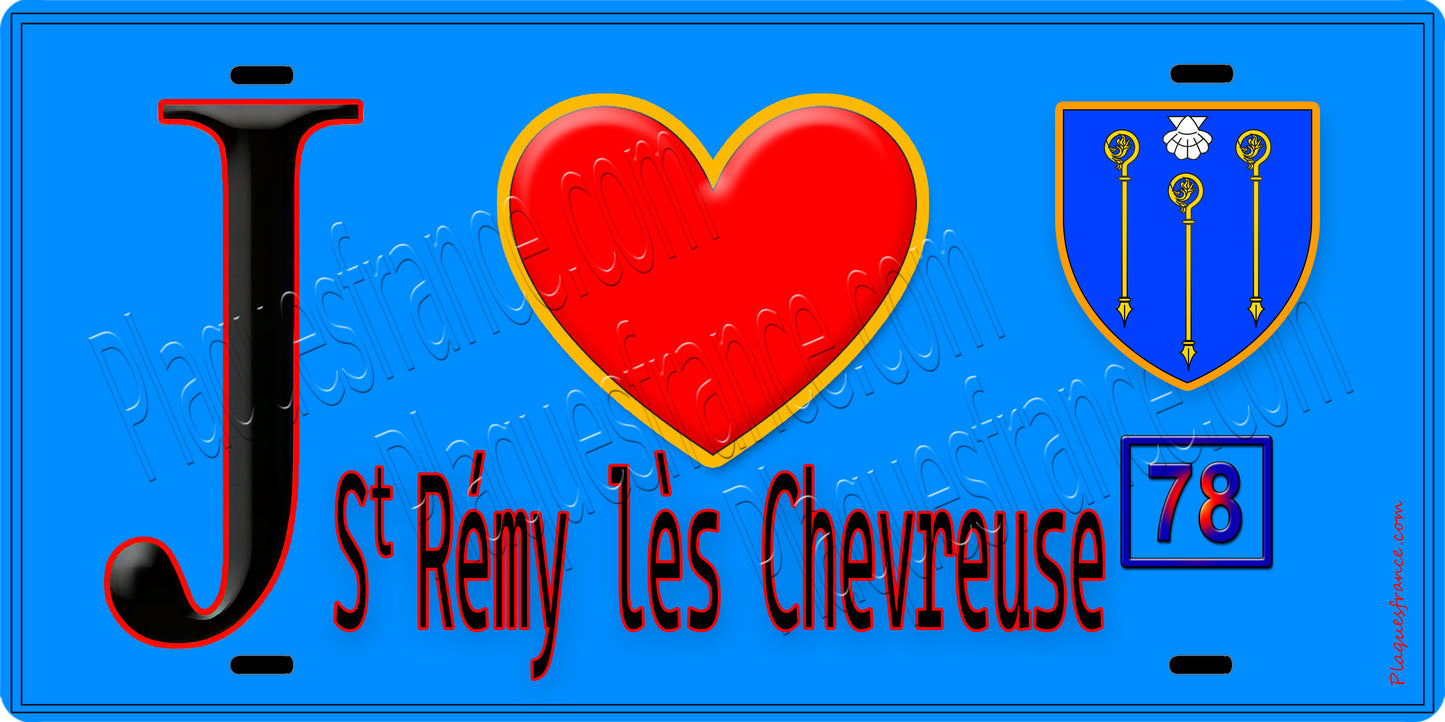 Plaque métal décorative J' ❤️ Saint-Rémy-lès-Chevreuse, Yvelines (78) fond bleu