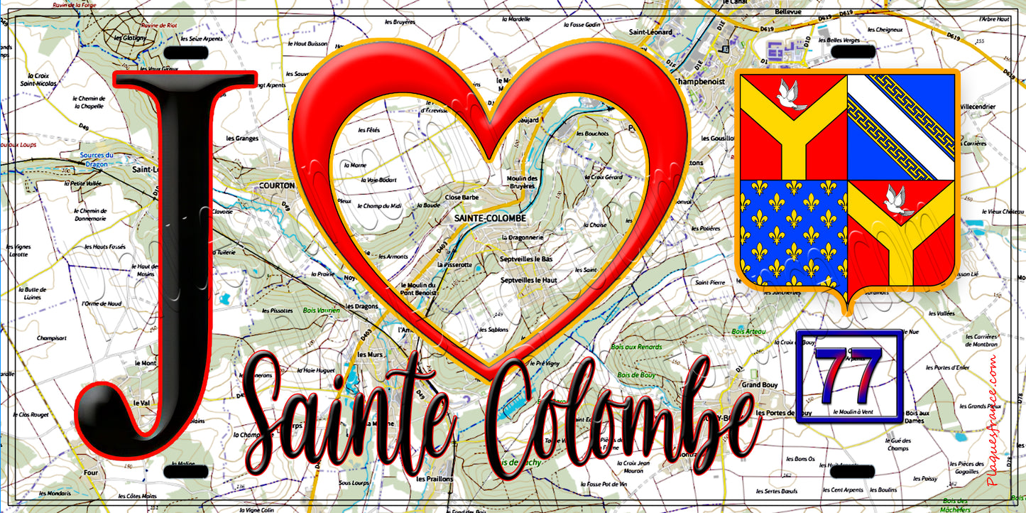 Plaque métal décorative J' ❤️Sainte-Colombe, Seine et Marne (77) fond carte