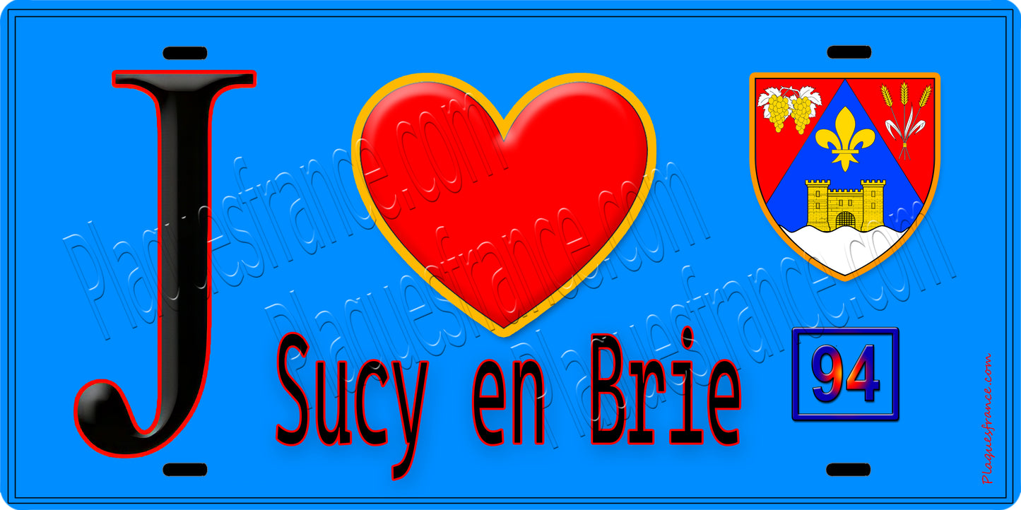 Plaque métal décorative J' ❤️Sucy-en-Brie, Val de Marne (94) fond bleu