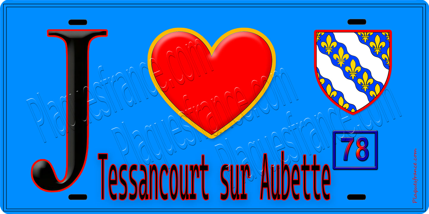 Plaque métal décorative J' ❤️ Tessancourt-sur-Aubette, Yvelines (78) fond bleu