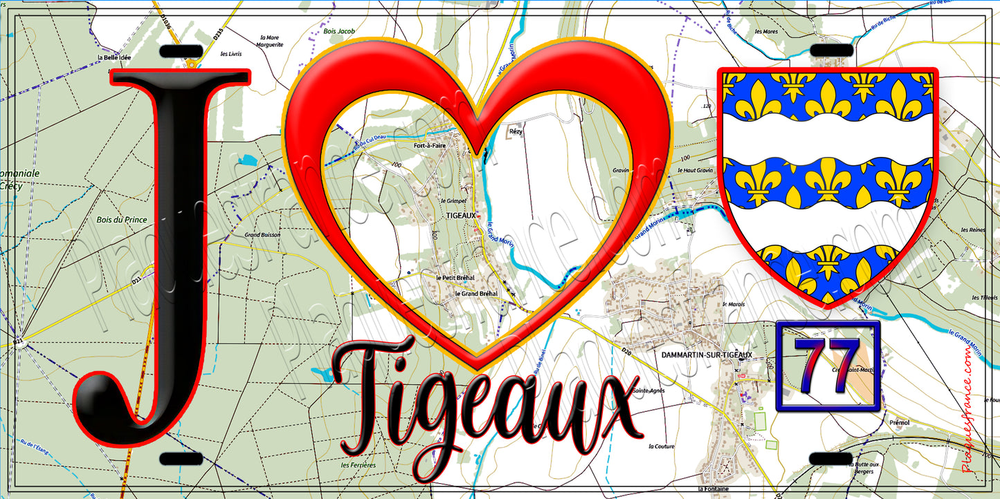 Plaque métal décorative J' ❤️Tigeaux, Seine et Marne (77) fond carte