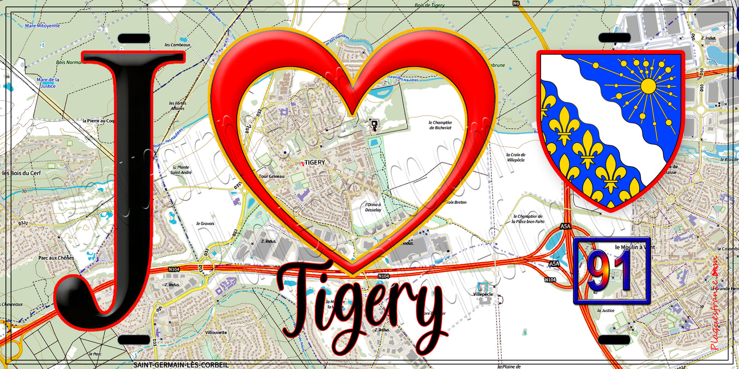 Plaque métal décorative J' ❤️Tigery, Essonne (91) fond carte
