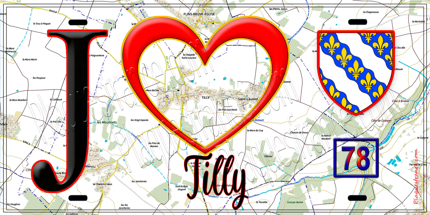 Plaque métal décorative J' ❤️ Tilly Yvelines (78) fond carte