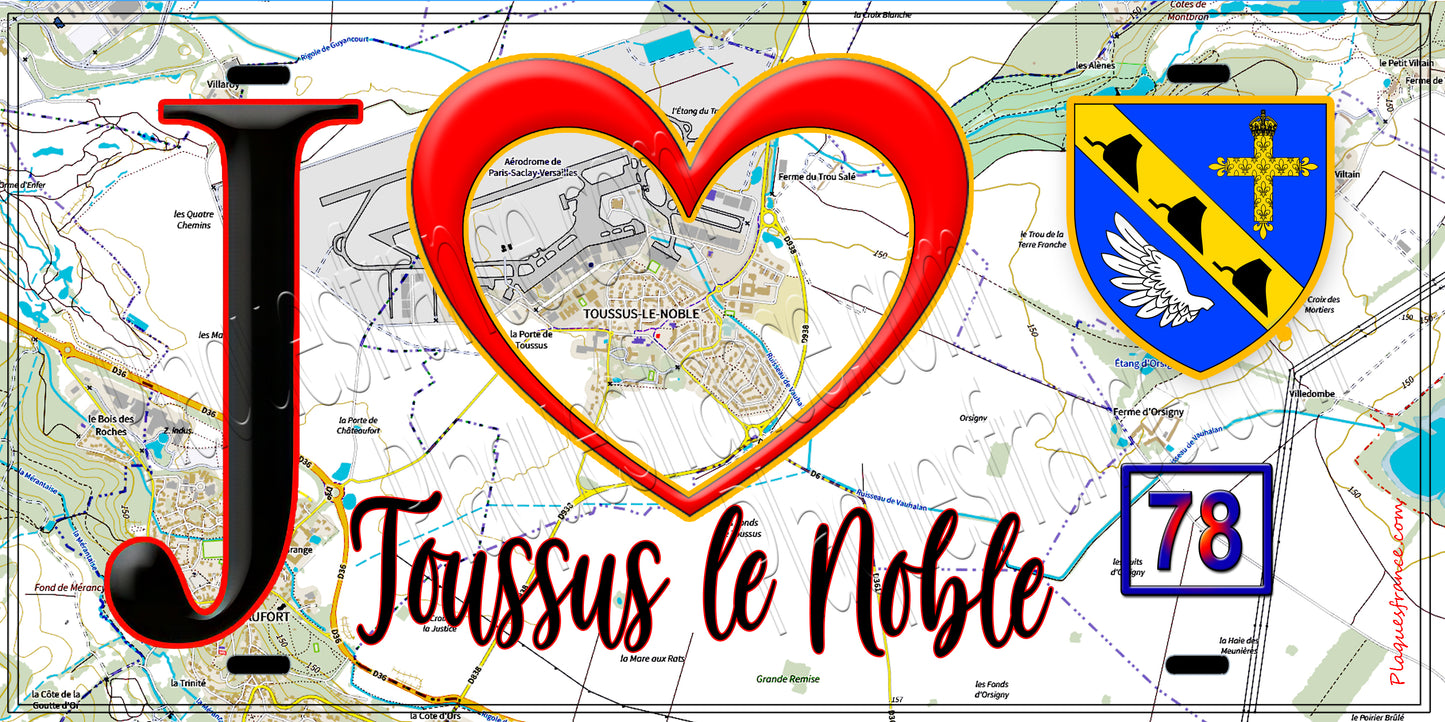 Plaque métal décorative J' ❤️ Toussus-le-Noble Yvelines (78) fond carte