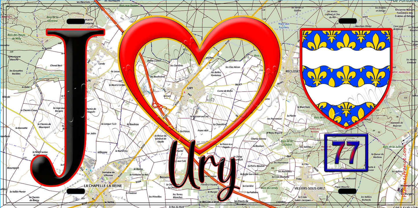 Plaque métal décorative J' ❤️Ury, Seine et Marne (77) fond carte