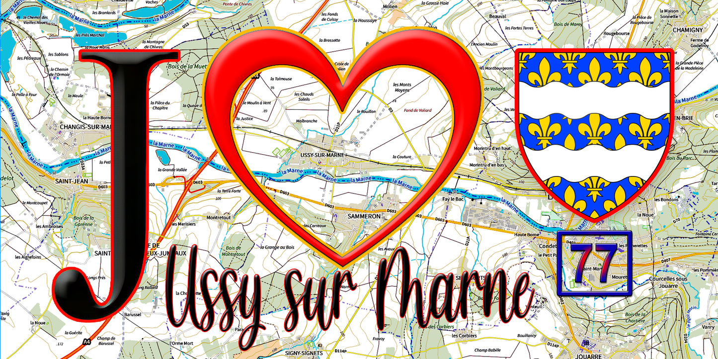 Plaque métal décorative J' ❤️Ussy-sur-Marne, Seine et Marne (77) fond carte