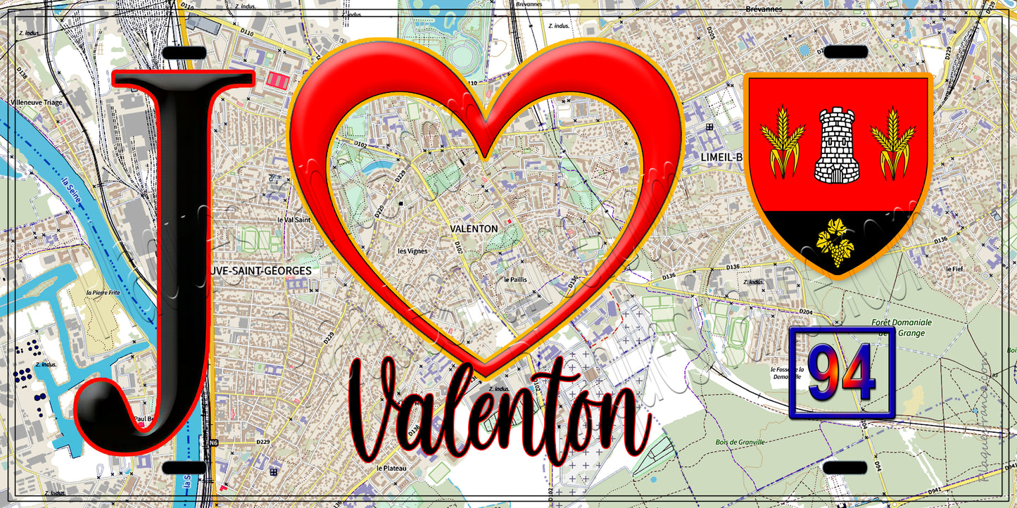 Plaque métal décorative J' ❤️Valenton, Val de Marne (94) fond carte
