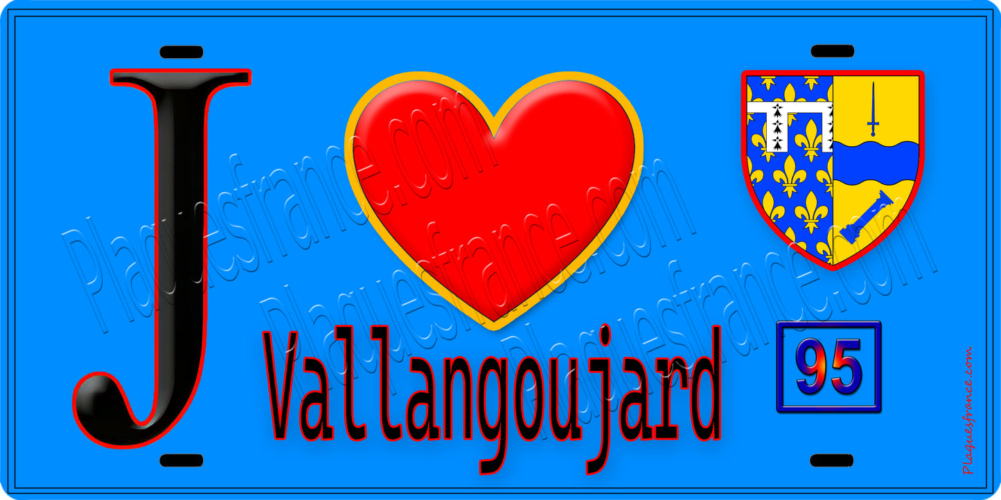 Plaque métal décorative J' ❤️Vallangoujard, Val d'Oise (95) fond bleu