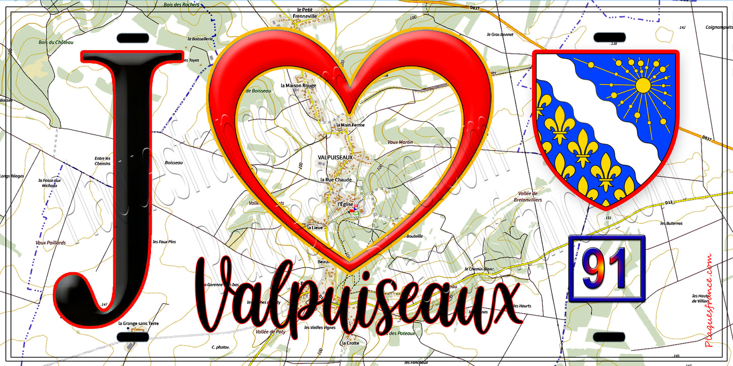 Plaque métal décorative J' ❤️Valpuiseaux, Essonne (91) fond carte