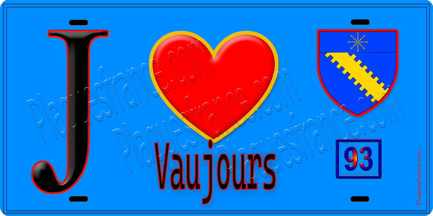 Plaque métal décorative J' ❤️Vaujours, Seine Saint Denis (93) fond bleu