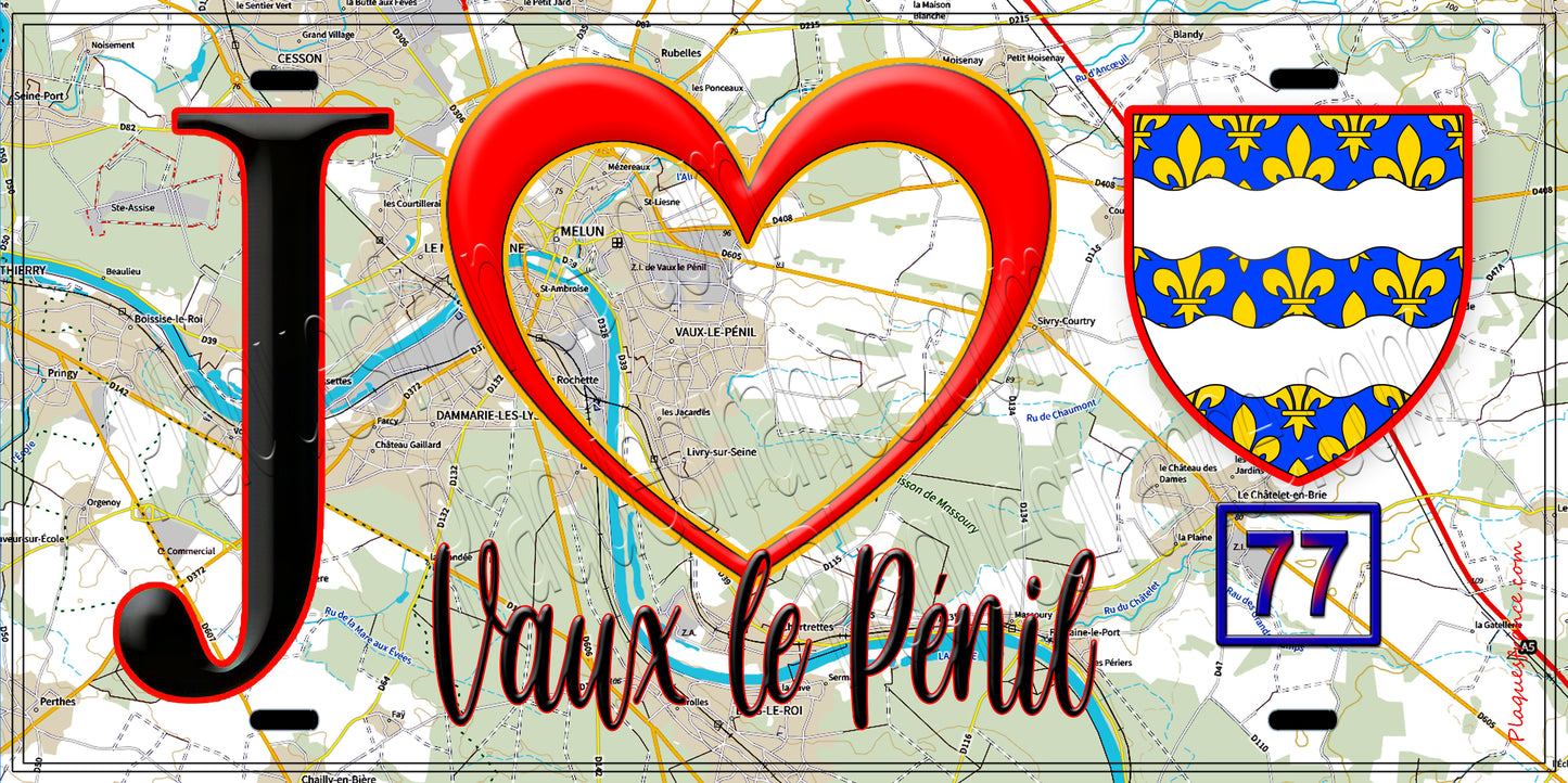 Plaque métal décorative J' ❤️Vaux-le-Pénil, Seine et Marne (77) fond carte