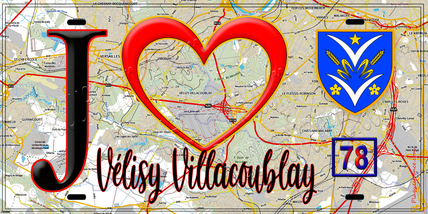 Plaque métal décorative J' ❤️ Vélizy-Villacoublay Yvelines (78) fond carte