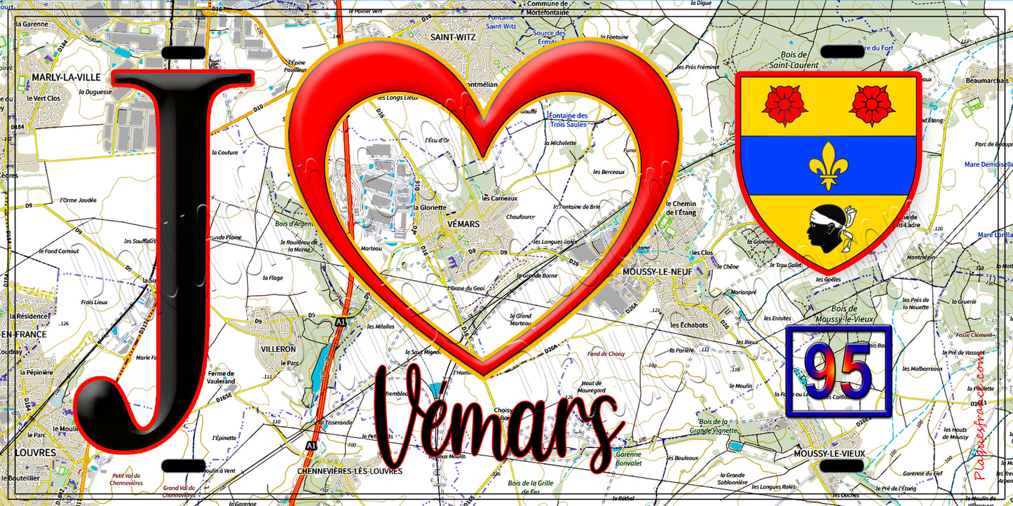 Plaque métal décorative J' ❤️Vémars, Val d'Oise (95) fond carte