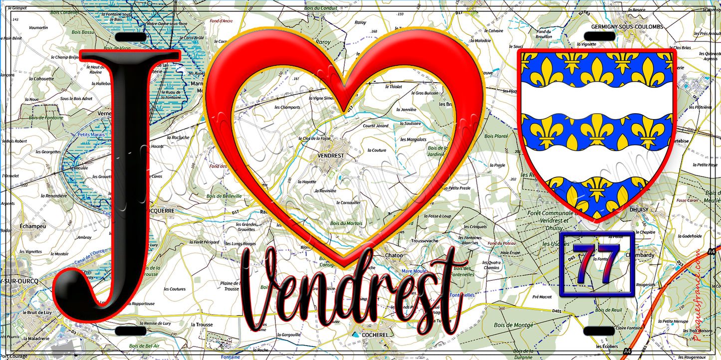 Plaque métal décorative J' ❤️Vendrest, Seine et Marne (77) fond carte