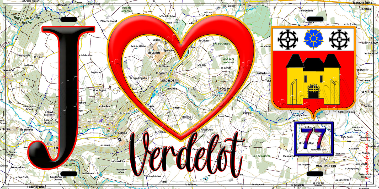 Plaque métal décorative J' ❤️Verdelot, Seine et Marne (77) fond carte