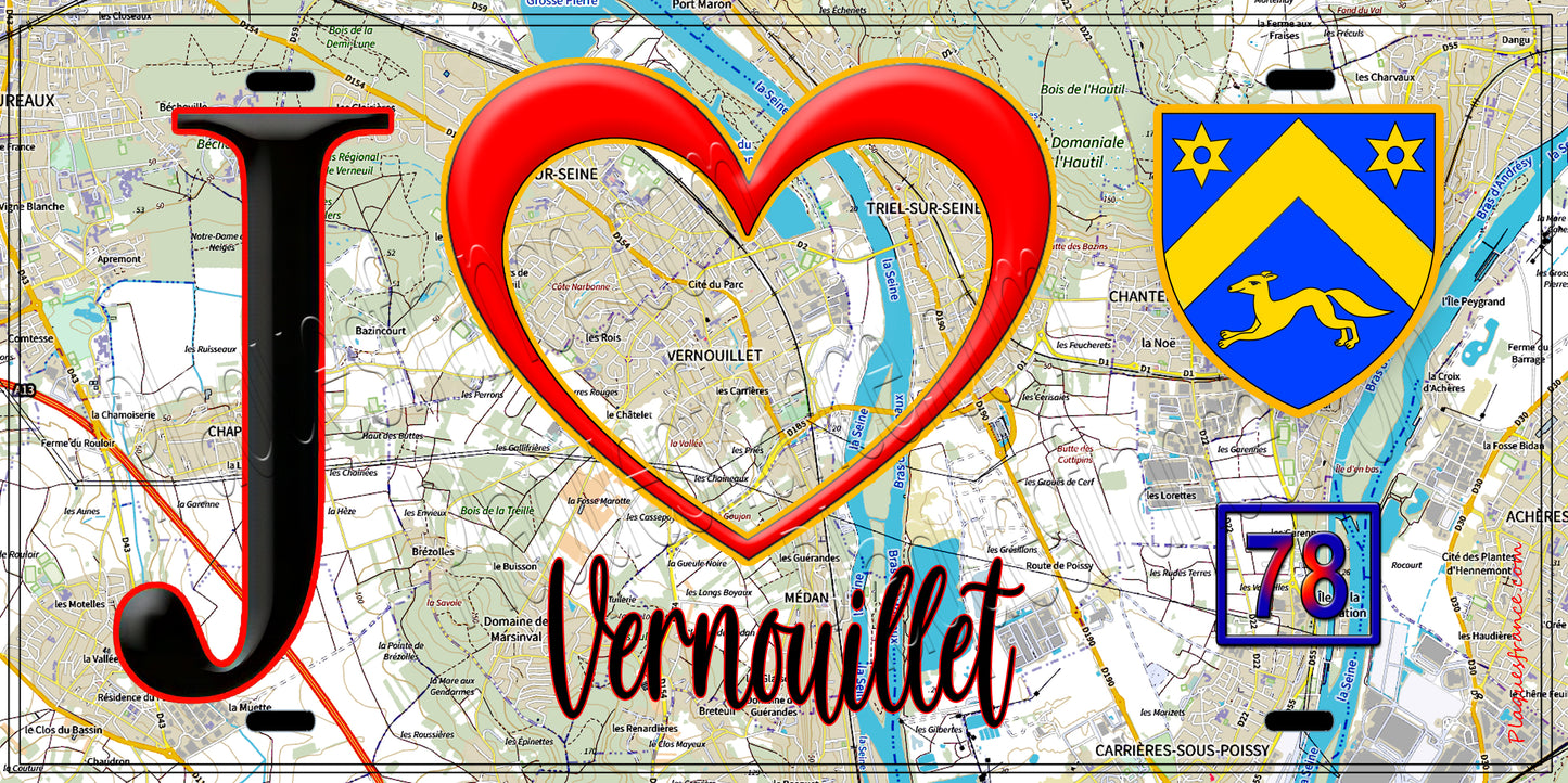 Plaque métal décorative J' ❤️ Vernouillet, Yvelines (78) fond carte