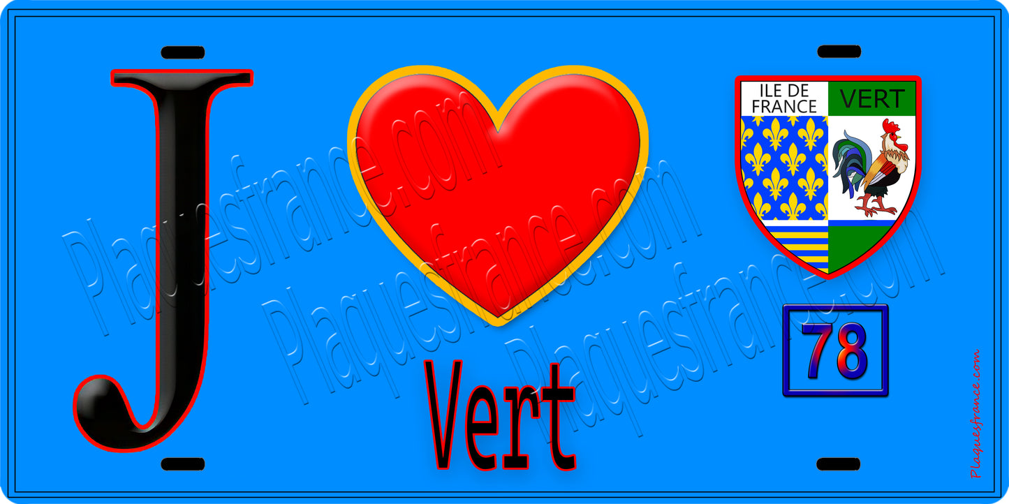 Plaque métal décorative J' ❤️ Vert, Yvelines (78) fond bleu